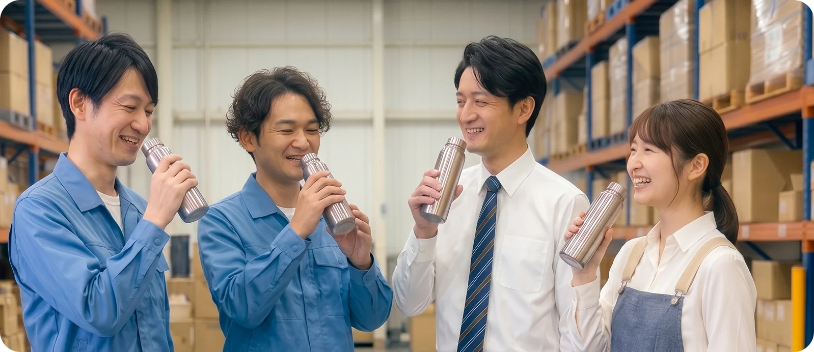 笑顔でボトルを囲む社員の皆様